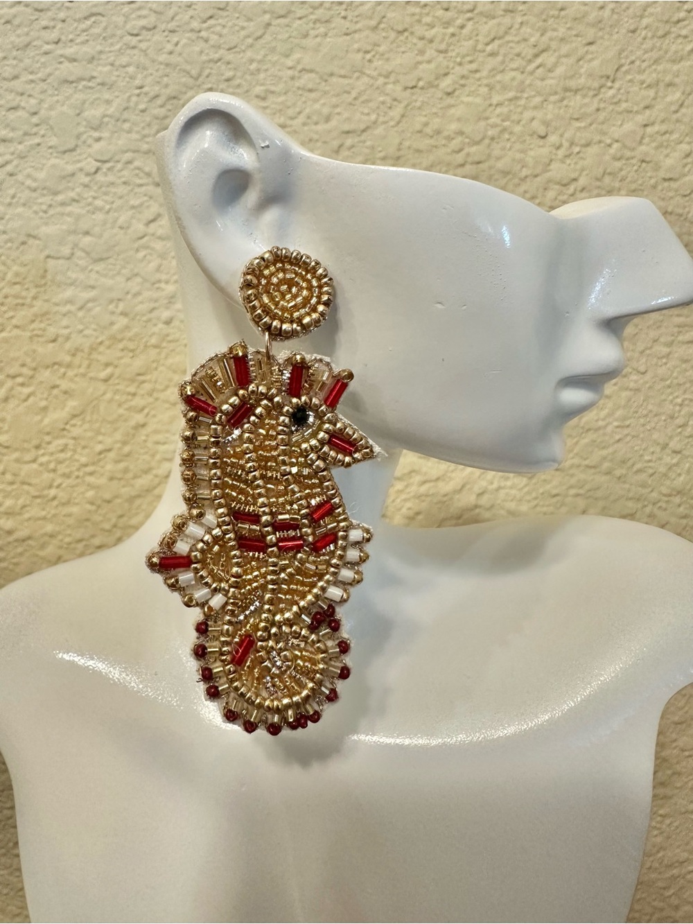 Gold and Red Beaded Drop Earrings - Handcrafted Statement